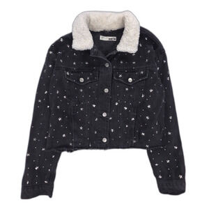 TOPSHOP Star Stud Denim Borg Jacket Fur Collar 90s Y2k Grunge Streetwear Indie